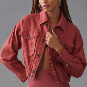 Pilcro Anthropologie Linen Trucker Bomber Jacket Small  Red Brown Crop Utility